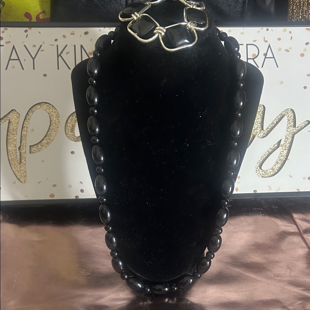 Vintage Black Beaded Necklace and Bracelet Set #78023purp